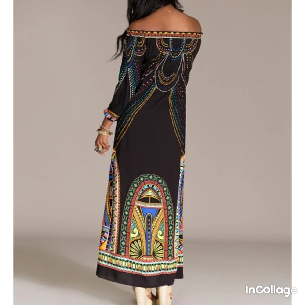 BoHo Off shoulder Maxi long dress small printed hippie bohemian black tomato - Picture 7 of 8